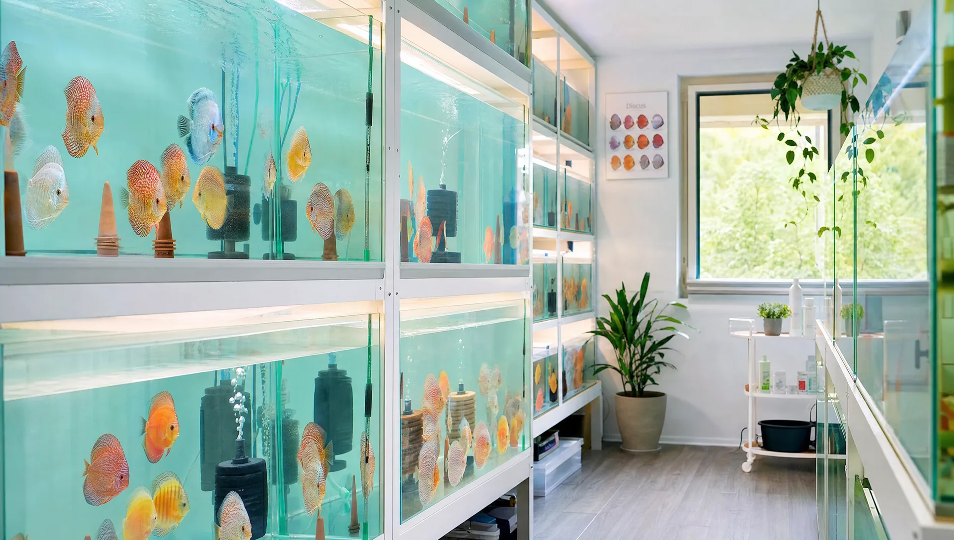 Die helle Zuchtanlage — Reihen sauberer Aquarien mit türkisem Wasser und bunten Diskusfischen